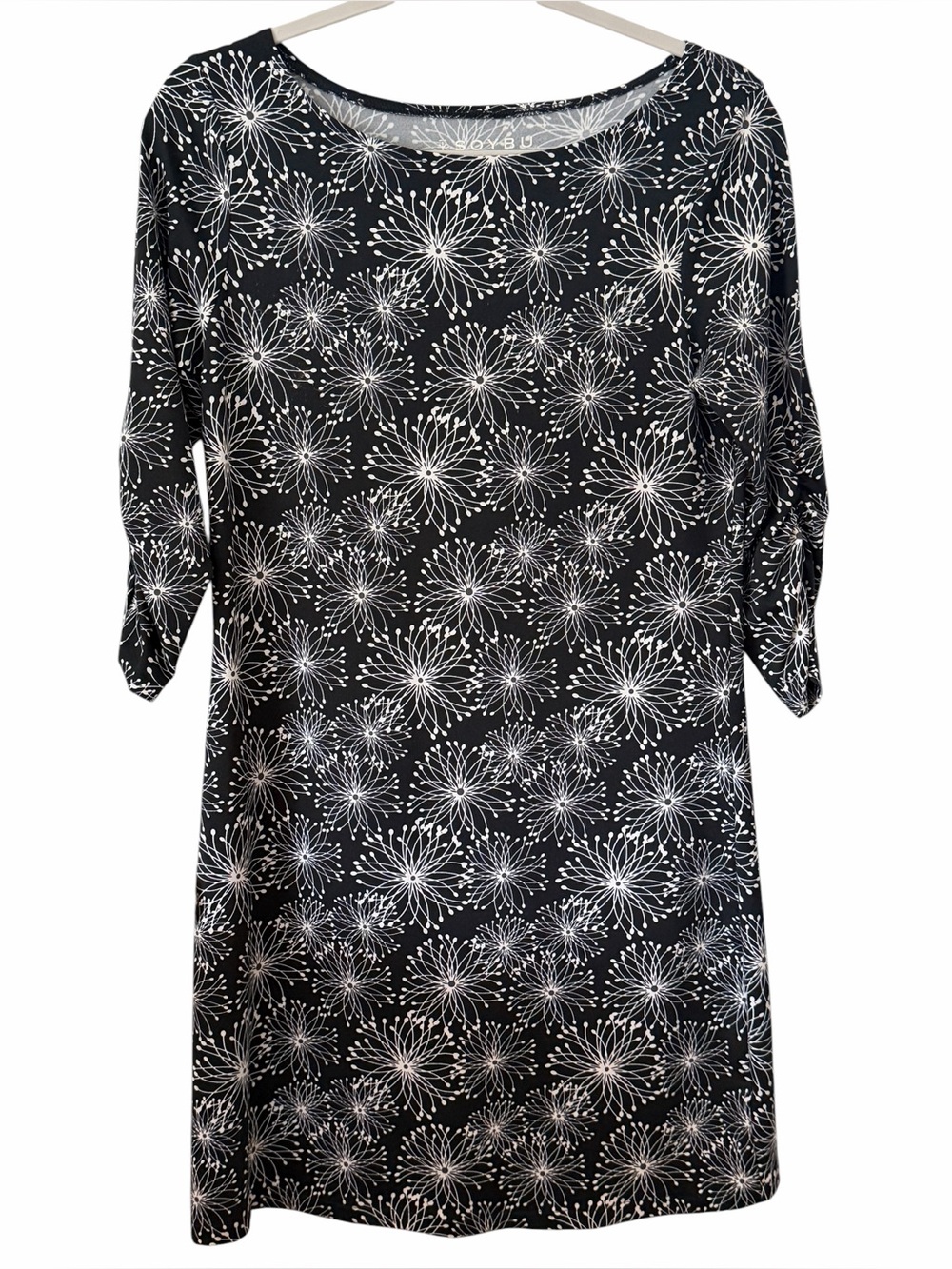 Soybu Black White Floral Print Tunic Dress 3/4 Sleeve Stretch Medium